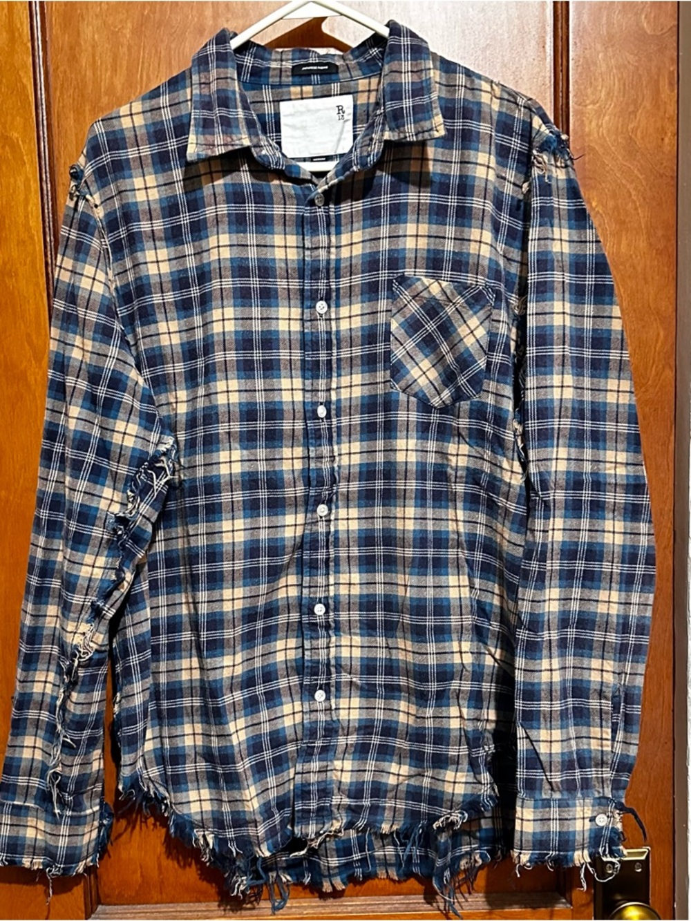 R13 Blue and Tan Shredded Flannel